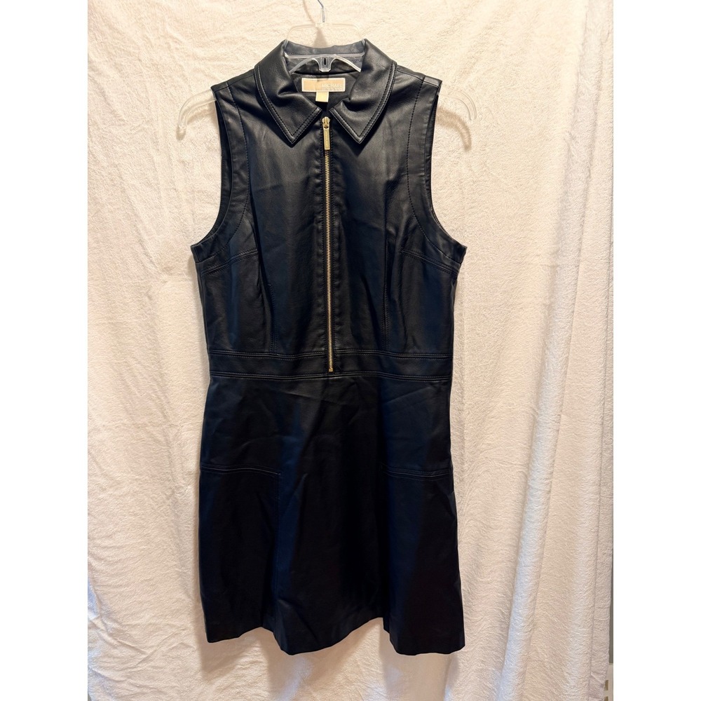 Michael Kors Faux Leather Sleeveless Zip Front Dress Black Gold Hardware Sz 8